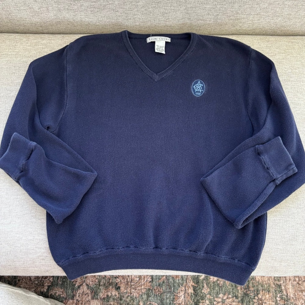 90s Vintage IZOD CLUB Sweater L Navy Cotton V Neck Preppy Americana Old Money